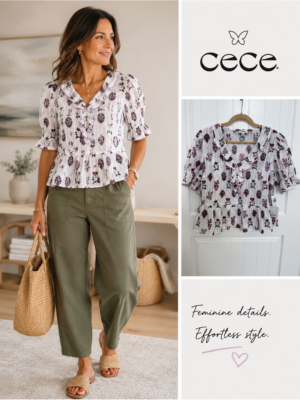 CeCe White Blouse with Purple Floral Print and Ruffle V-Neck